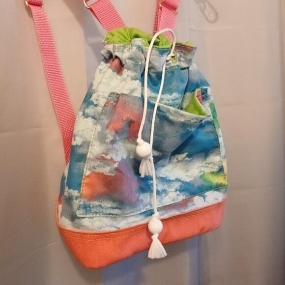 New Rainbow Clouds print Mini Backpack Sling Bag Pink Blue Green Drawstring tote - Picture 4 of 9